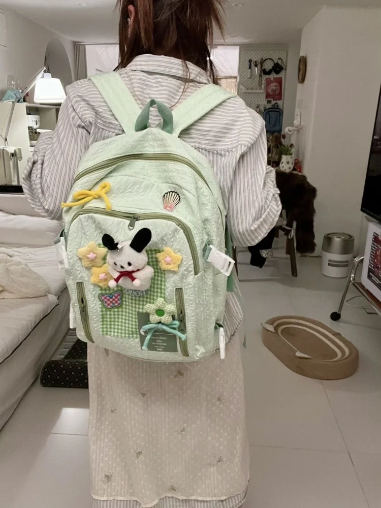 2024 Green Dog Flower Butterfly Plaid Backpack Casual Big Capacity Schoolbag Handbag Student Leisure Travel Backpack