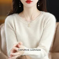 100% Mink Cashmere Women's O Neck Pullover Sweater Large Size Solid Color High Quality Sweater Korean Solid Color Top For Women 1