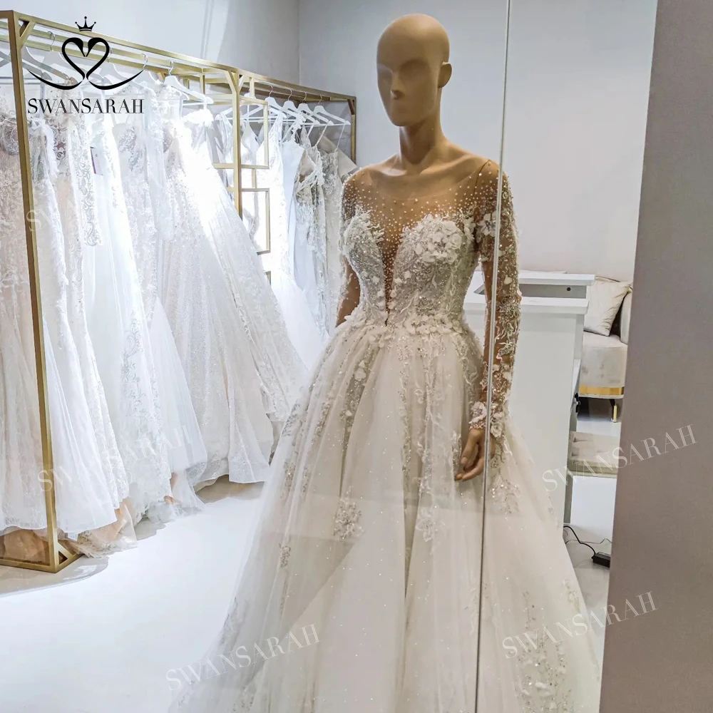 Luxury Beaded Wedding Dress 2025 Long Sleeve Lace Appliques Princess Bride Ball Gown SwanSarah AS145 customized Vestido De Novia 6