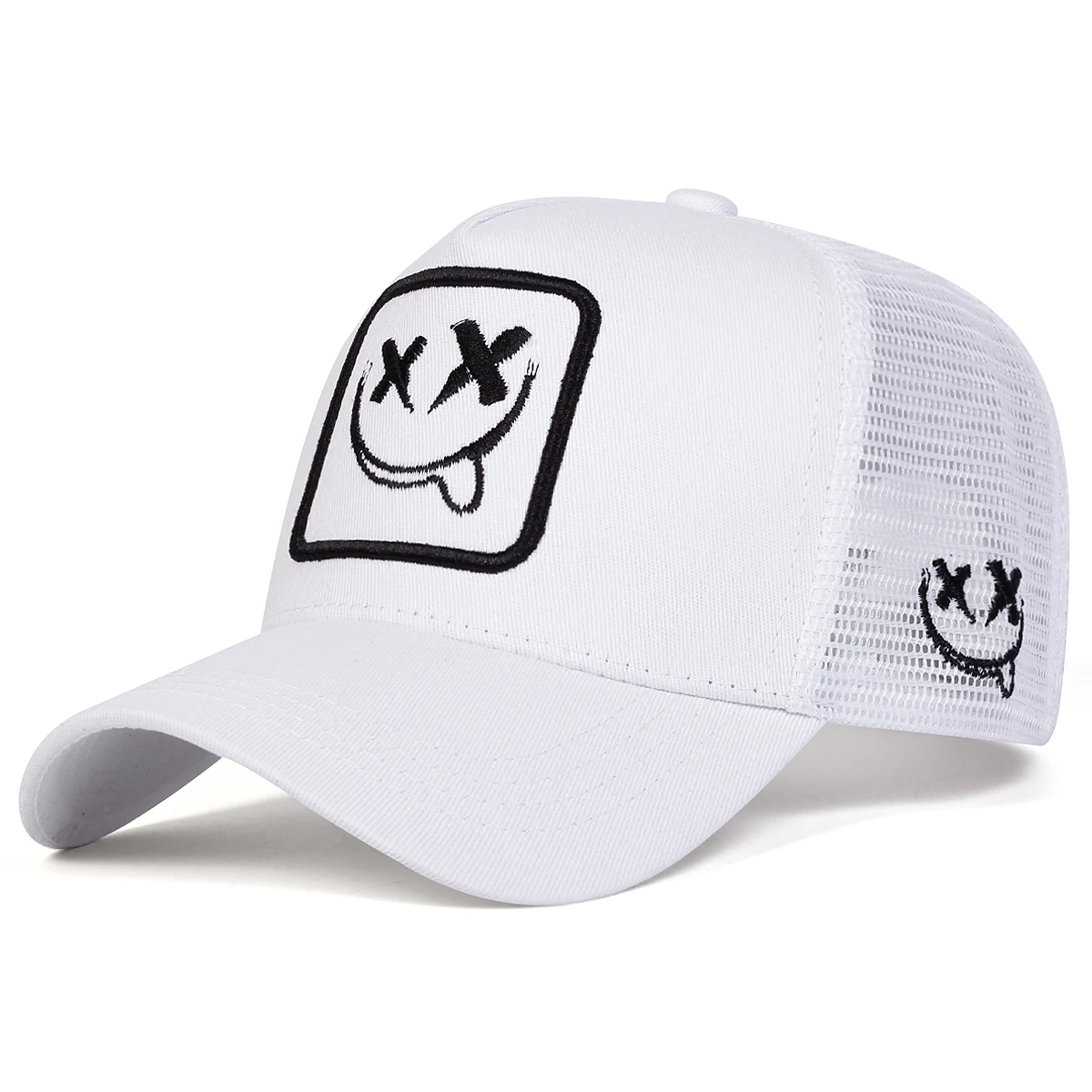 Unisex XX Baseball-Netzkappen mit lächelndem Gesicht und Stickerei, für Frühling und Sommer, für den Außenbereich, verstellbare Freizeithüte, Papa-Hut, Sonnenschutzhut – Detail 5