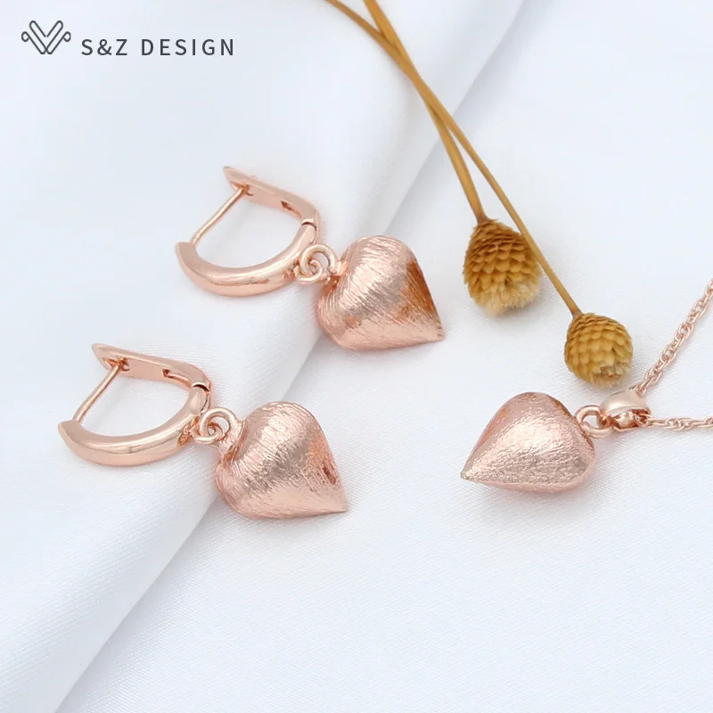S&Z DESIGN New 585 Rose Gold Color Heart-shaped Metal Dangle Earrings Jewelry Sets For Women Wedding Pendant Necklace