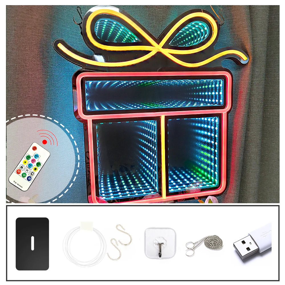Color-Changing Tunnel Mirror Gift Box Neon Sign, Double Side and Both Hanging and Standing Artistic Present Box Shop Home
