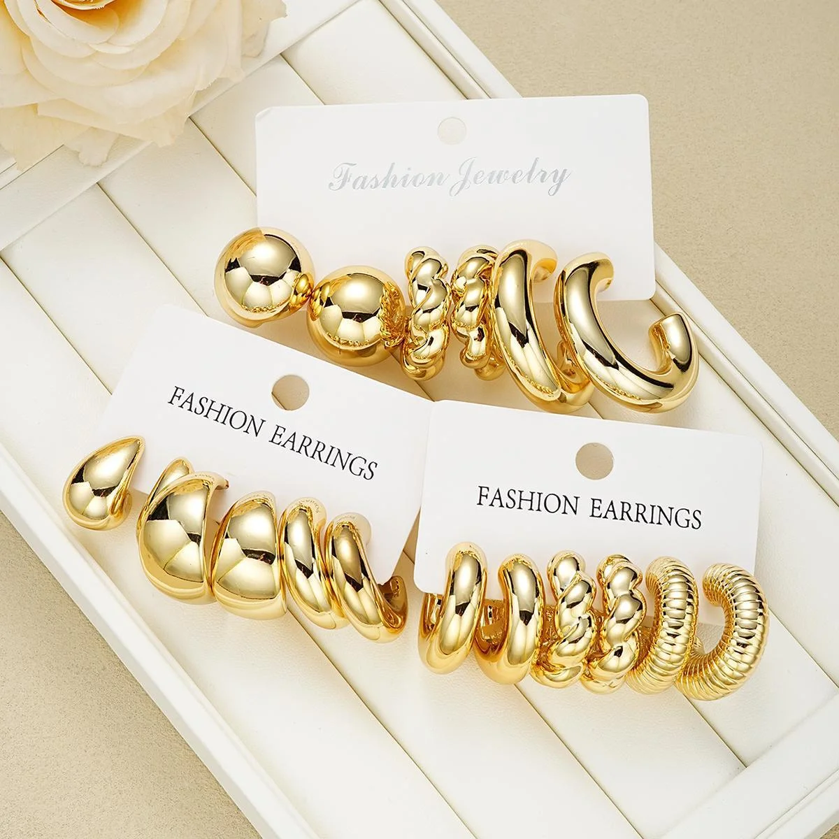 6/12/18 Pcs Punk Geometry CCB Stud Earrings Creative C Shape Water Drop Earrings for Women Charm Daily Versatile Party Jewelry