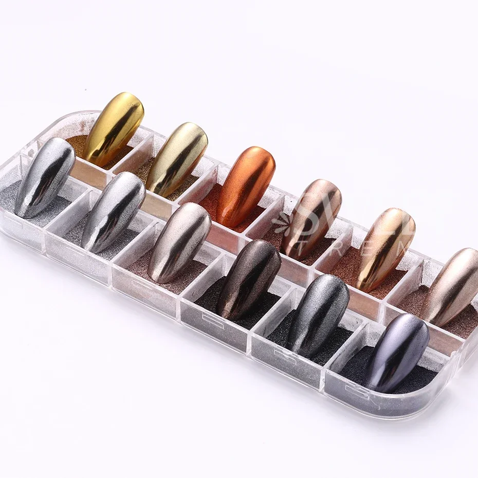 Nail Powder Nail Glitter Nail Pigment 12 Grids Winter Magic Mirror Nail Glitter Powder Dark Brown Gold Silver Pigment Trending Rubbing Dust Manicure Accessories