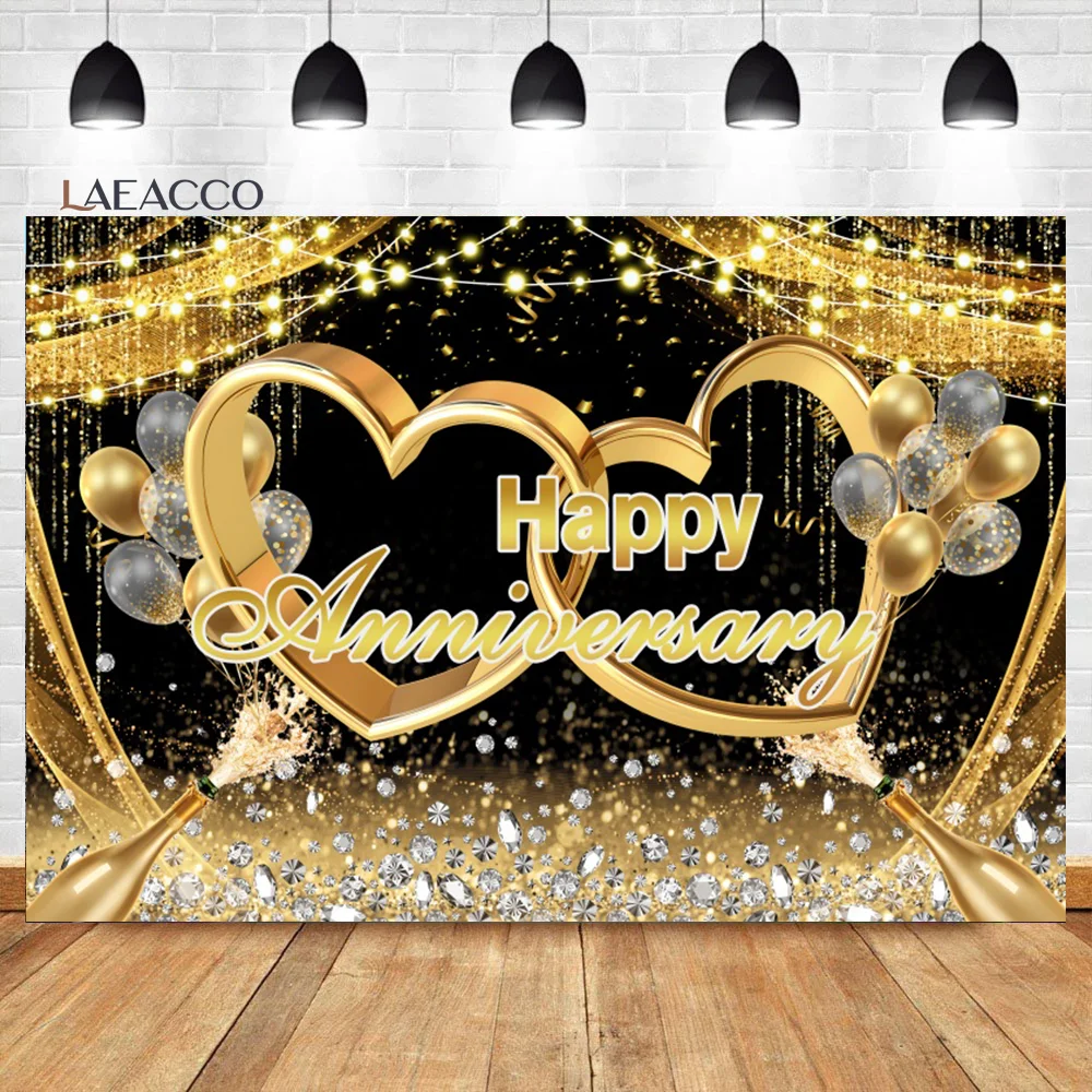 

Laeacco Happy Anniversary Backdrop Black And Gold Theme Party Glitter Heart Balloons Wedding Portrait Photography Background