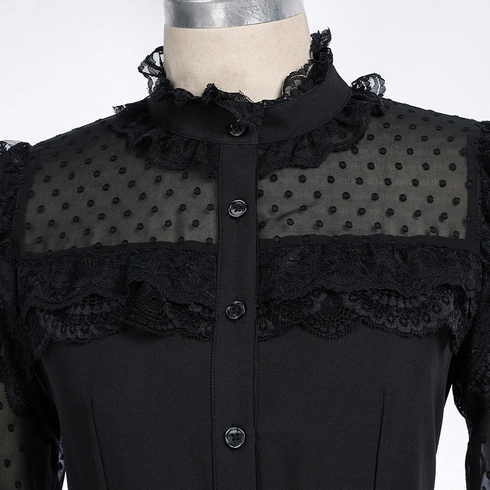 SD Women Renaissance Mesh Patchwork Shirt Dressy Casual Stand Collar Polka Dot Long Sleeve Tops Victorian Lace Up Blosue A30