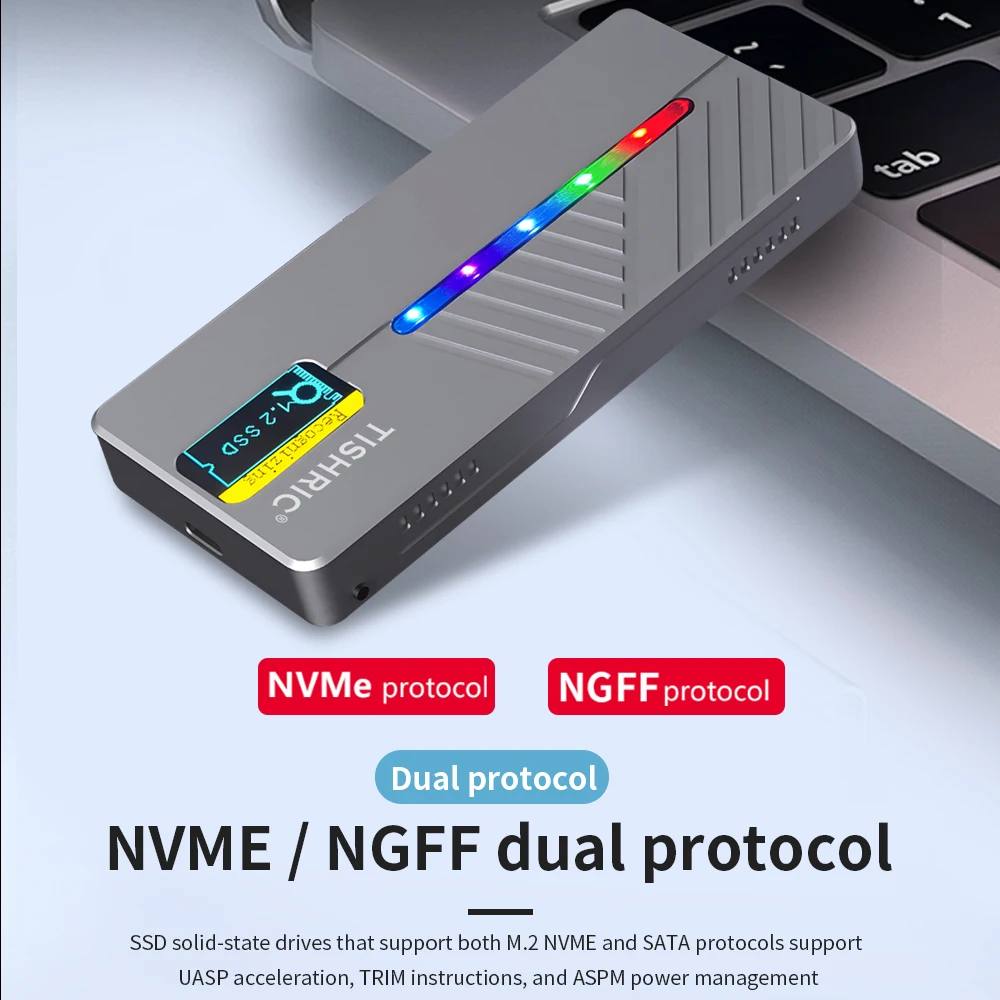 TISHRIC 10Gbps RGB SSD M2 NGFF NVME External Hard Drive Enclosure M2 M/B+M Key To Type C HDD Case With Display Screen For Gaming