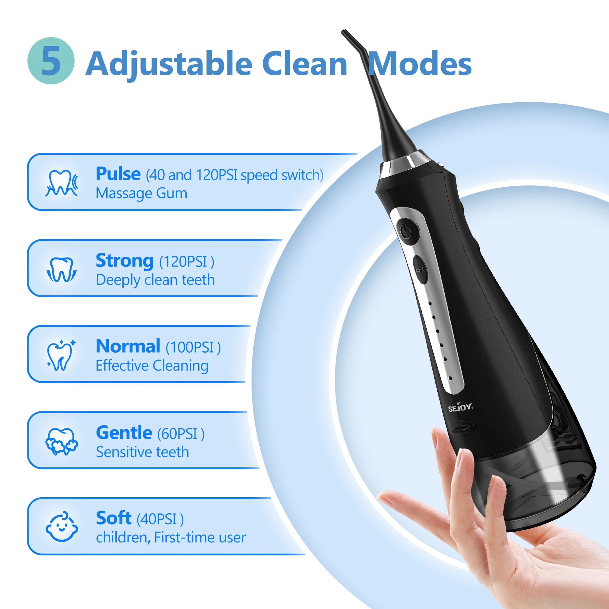 SEJOY Water Flosser Irrigator Dental Teeth Whitening strips Portable 230ML Tank 5 Modes 5 Jet Tips 2