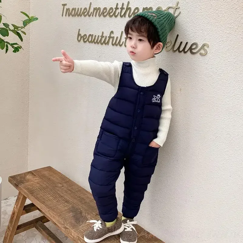 Toddler Kids Down Snow Suit Bib Overalls for Girl Boy Lightweight Down Jumpsuits Ski Bibs Pants Thick Warm Onesie Trousers
