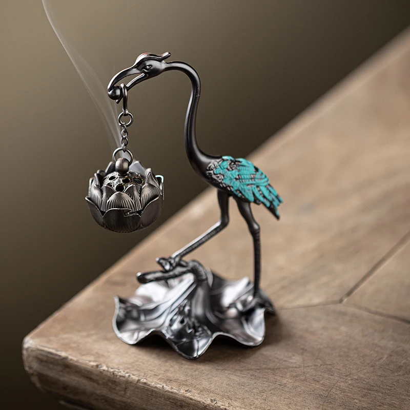 Creative Mini Aromatherapy Furnace, Home Indoor Zen Tea Ceremony Study Decorations, Metal Crane Shape Small Hanging Furnace, 1Pc