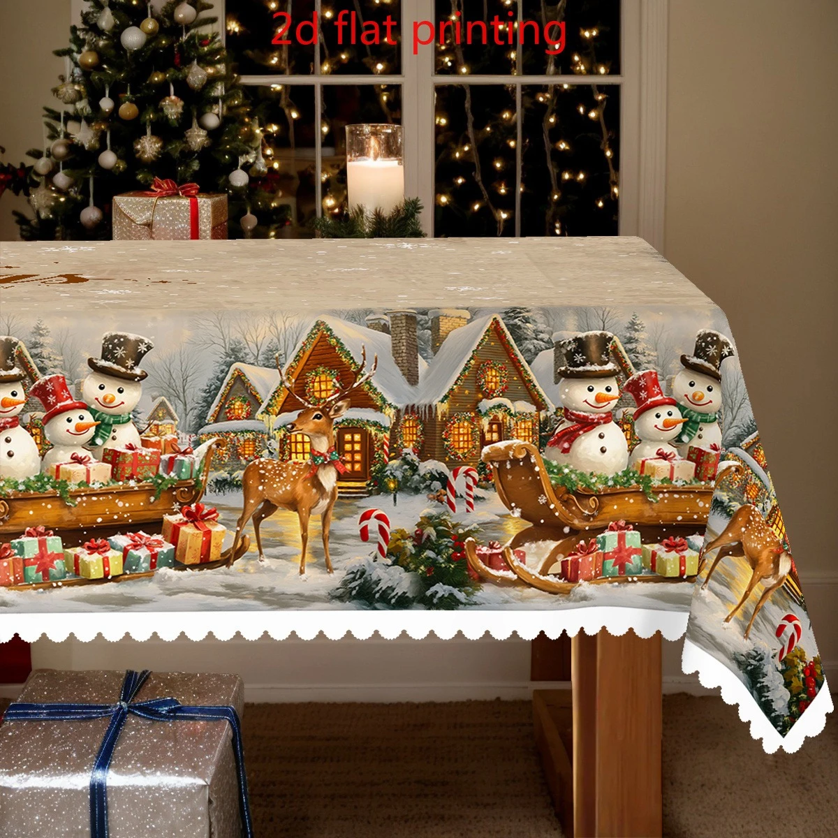 1pc Christmas Vintage Snowman Reindeer Sleigh Scene Tablecloth 2D Flat Printed Winter Holiday Dining Table Cover 1
