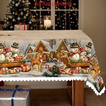1pc Christmas Vintage Snowman Reindeer Sleigh Scene Tablecloth 2D Flat Printed Winter Holiday Dining Table Cover 1