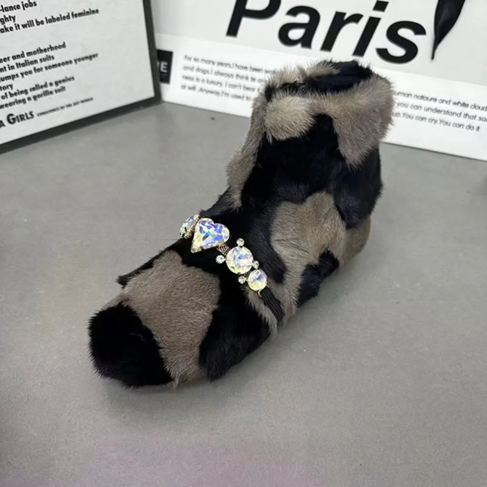 

Womens Real Mink Fur Ankle Boots Rhinestones Crystal Flats Genuine Leather Candy Colors Warm Winter Snow Thick Shoes A5New 2024