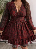 Plus Size 2025 Spring Summer New Women's Sheer Jaguar Printed Double Layers Long Sleeve Dress Polyester Material - Image 2
