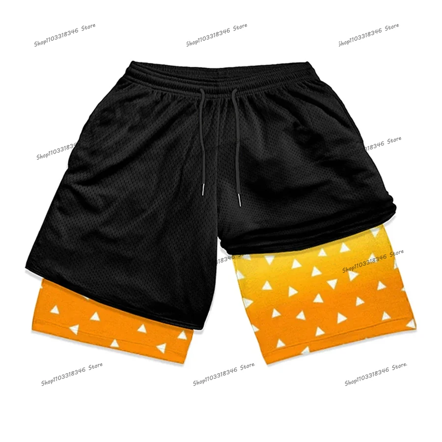 Japanese Anime Elements Men's 2 in 1 Tight Shorts Gym Workout Summer Running Shorts Basketball Sports Quick Drying Y2k