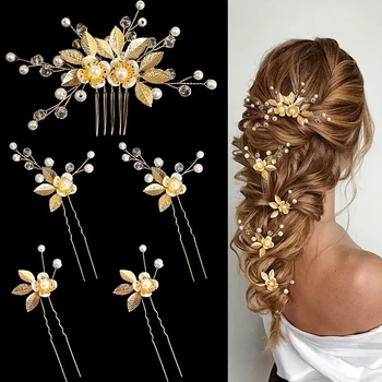 5 Pcs Crystal Luxury Hair Accessories Set Sweet Romantic Women's Bride Party Wedding Accessories Jewelry Hair Clip Hair Comb Set 1