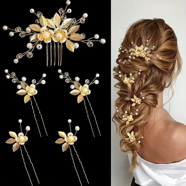 5 Pcs Crystal Luxury Hair Accessories Set Sweet Romantic Women's Bride Party Wedding Accessories Jewelry Hair Clip Hair Comb Set 1