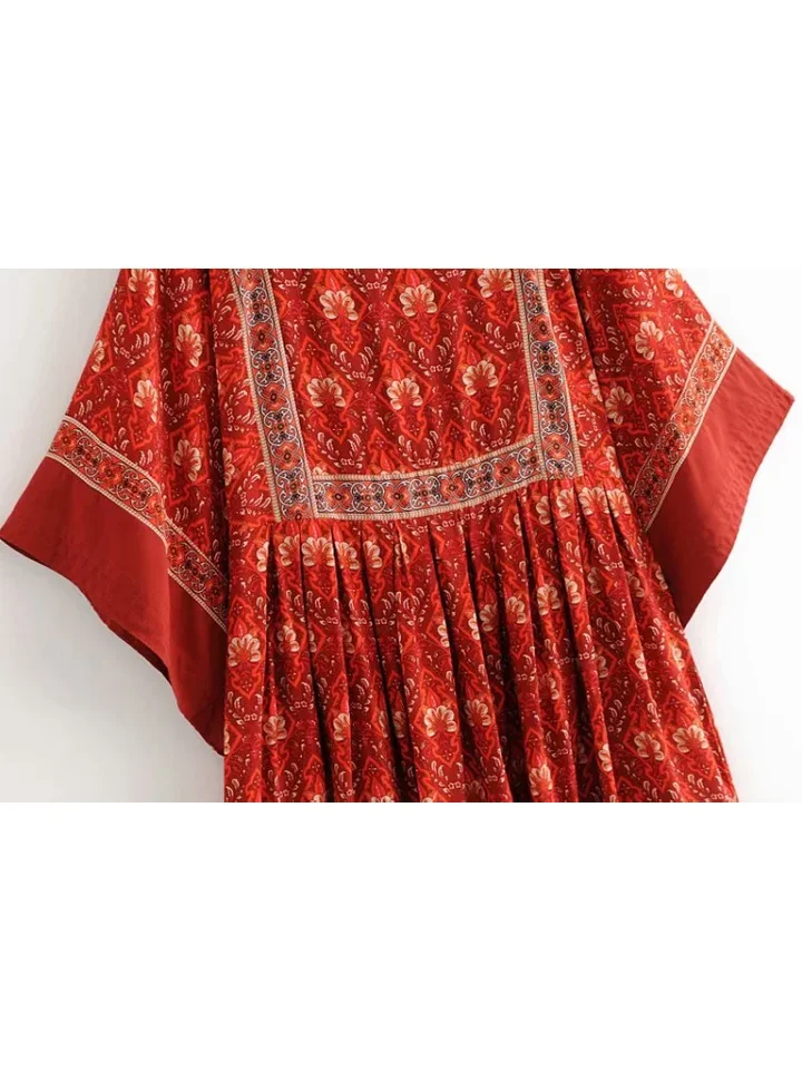 Chuanqi Women's Floral & Polka Dot Babydoll Mini Dress - Loose Fit, Short Sleeve, Ruffled Hem (Brick Red, Large)