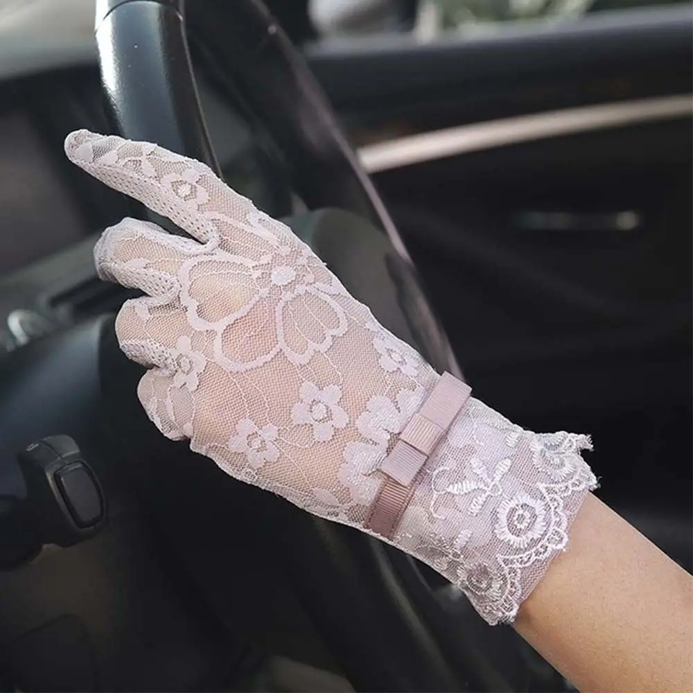 

Embroidered Flower Bow Lady Summer Women Party Lace Mitten Thin Gloves Touch Screen Mittens Five Fingers Mitts
