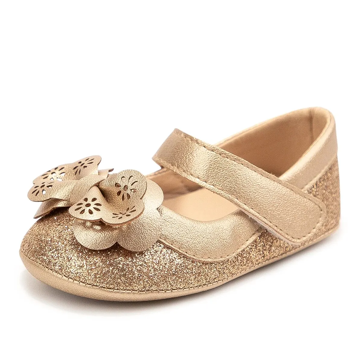 Newborn Baby Girl Princess Dress Shoes with Gold Bowknot and Non-Slip Rubber Sole