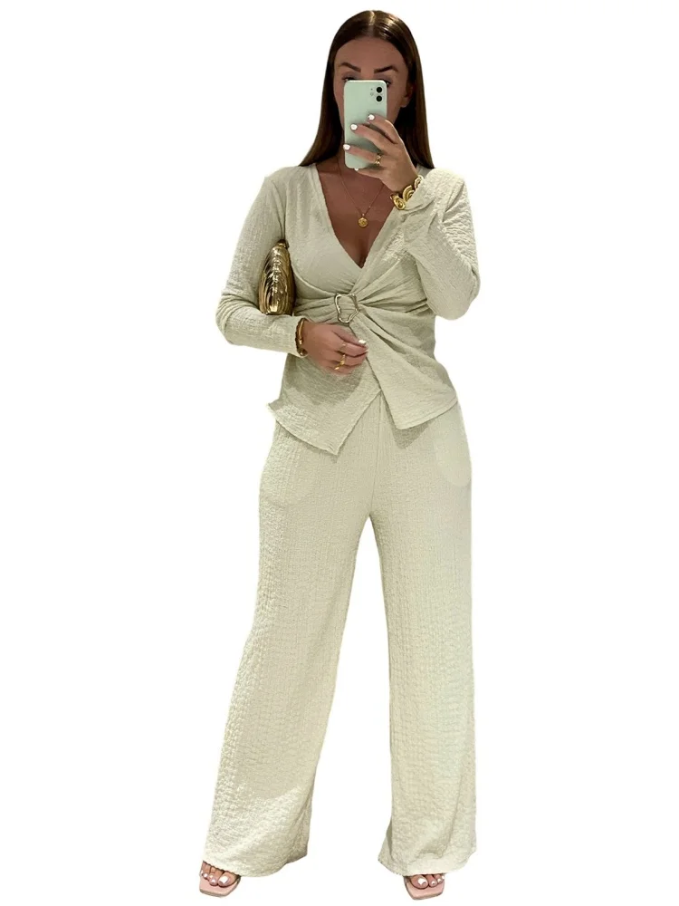 Wmstar Two Piece Set Women Wholesale Cross Border Elastic Jacquard Pleated V Neck Waist Buckle Cinching Slimming Wide Leg Pants