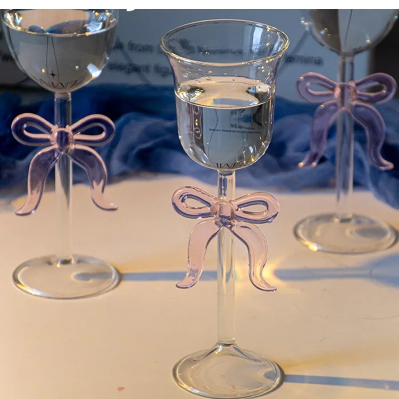 Glass Drinkware 1 Piece Elegant Pink Bowknot Red Wine Glass Goblet Champagne Flute Creative Celebrity Sparking Wine Glass Cup