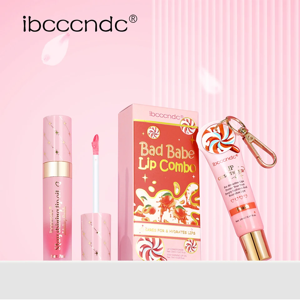 Description Picture 2 of itemLip Gloss Combo Set Bad Babe Peach and Clear with Keychain Long Lasting Hydration Moisturizing Nourish Plumper Makeup Set