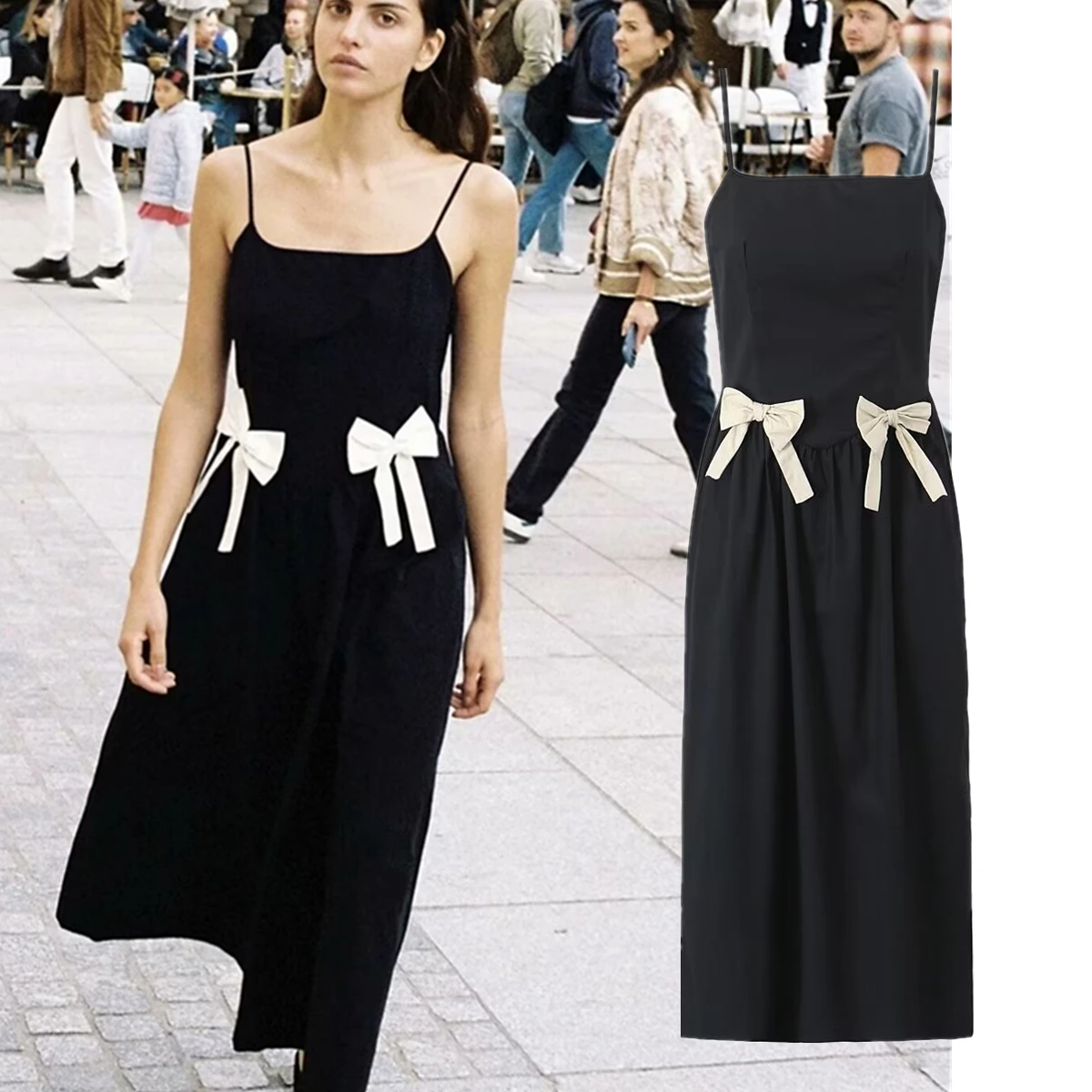 

Jenny&Dave Holiday Casual Summer Dress Women French Midi Dress Elegance Bow Camisole Cotton Black Dress 2024