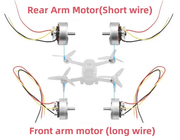 Moteur de bras DJI FPV, pièce de rechange d'origine, posé sur fond noir avec câbles visibles.