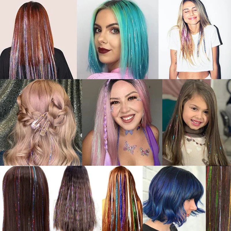 Shiny Sparkle Hair Tinsel Kit Rainbow Women Colorful Glitter Bling Hair Extension Twinkle Hair Dazzles Accessories for Braiding 4