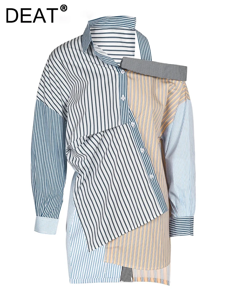 DEAT Fashion Women's Shirt Lapel Asymmetric exposed shoulder Single Breasted Stripe Spliced Blouse spring 2024 New tide 17A9940