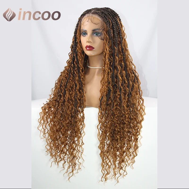 Boho Box Braid Wigs Ginger Blonde Wave Curly Synthetic Full Lace Front Wigs Pre-Plucked Baby Hair For Women 613 Box Braided Wig