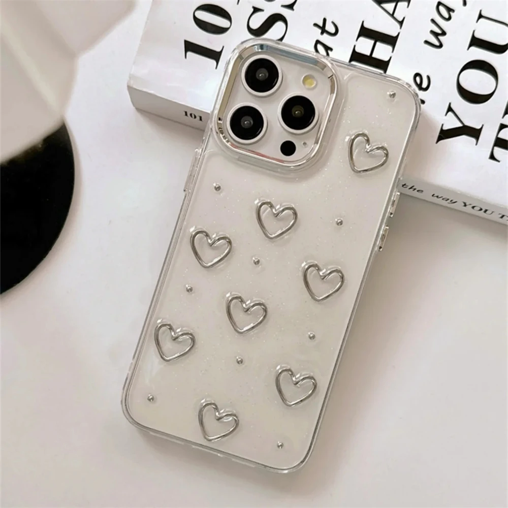 Korea Cute Metal Love Heart Epoxy Glitter Bling Phone Case
