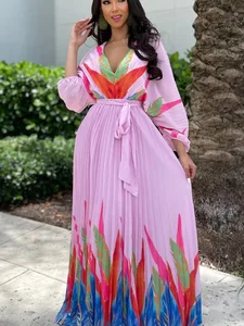 Znaiml Vintage Pleated Big Swing Birthday Party Long Dresses for Women Autumn 3D Leaf Print Batwing Sleeve A-line Maxi Vestidos