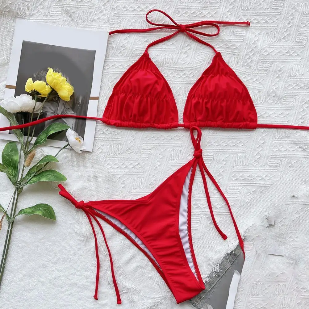 Sexy Bikini Split Solid Color Swimsuit Tether Halter Swimsuit