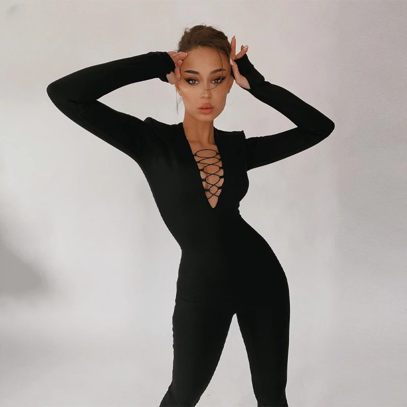 2023 Women Autumn Winter Deep V Neck Zipper Back Long Sleeve Bodycon Yoga Sport Stretchy Streetwear Black Jumpsuits