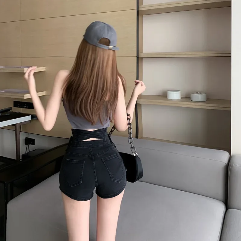 2024 Summer Hollow Out Quality High Waist Tight Female Elastic Short Jeans Sexy Denim Shorts New Women's Slim Fit Shorts Bandage