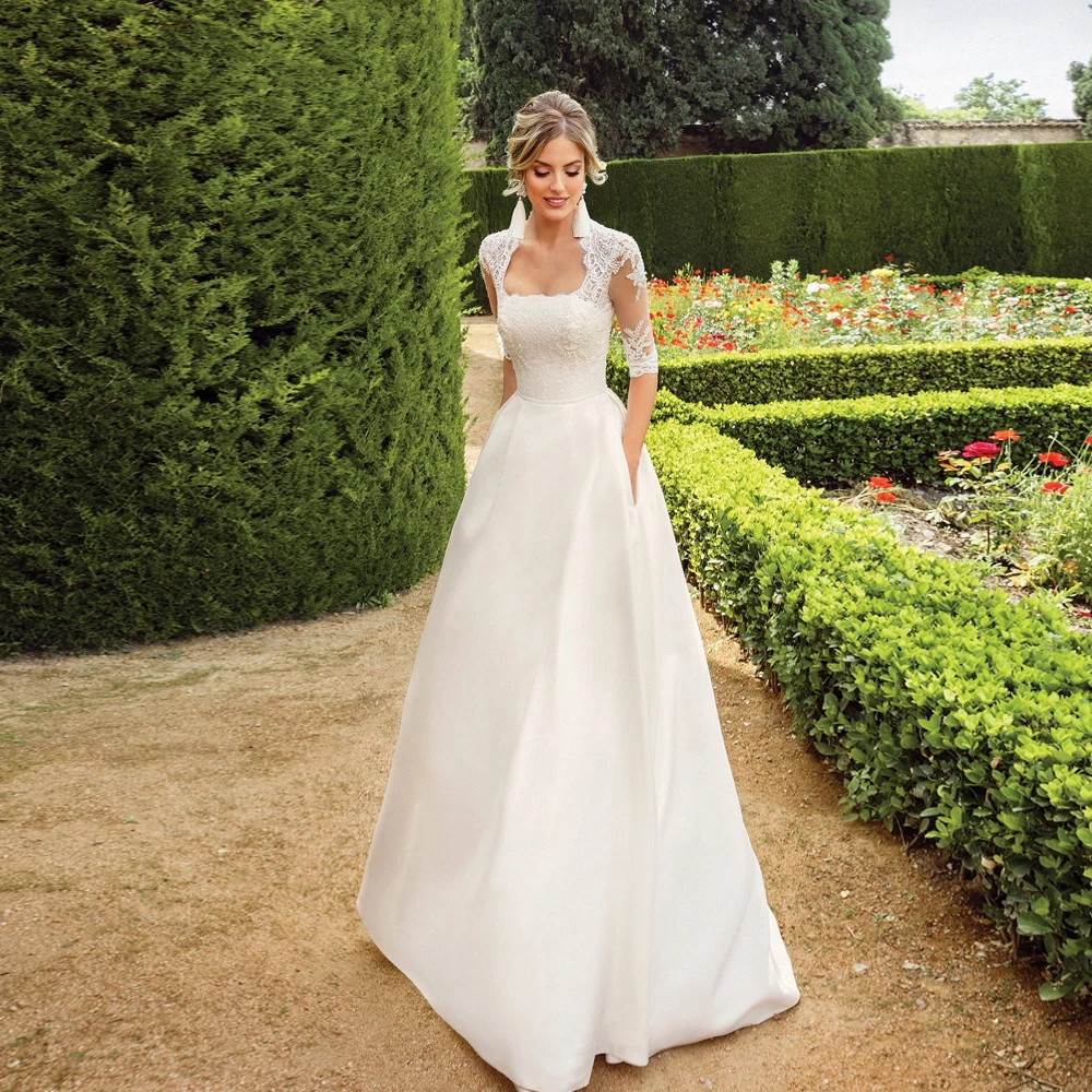 

Elegant White Wedding Dresses Square Neck Half Sleeves A-Line Bridal Gowns Appliques Floor-Length Satin свадебное платье 2023