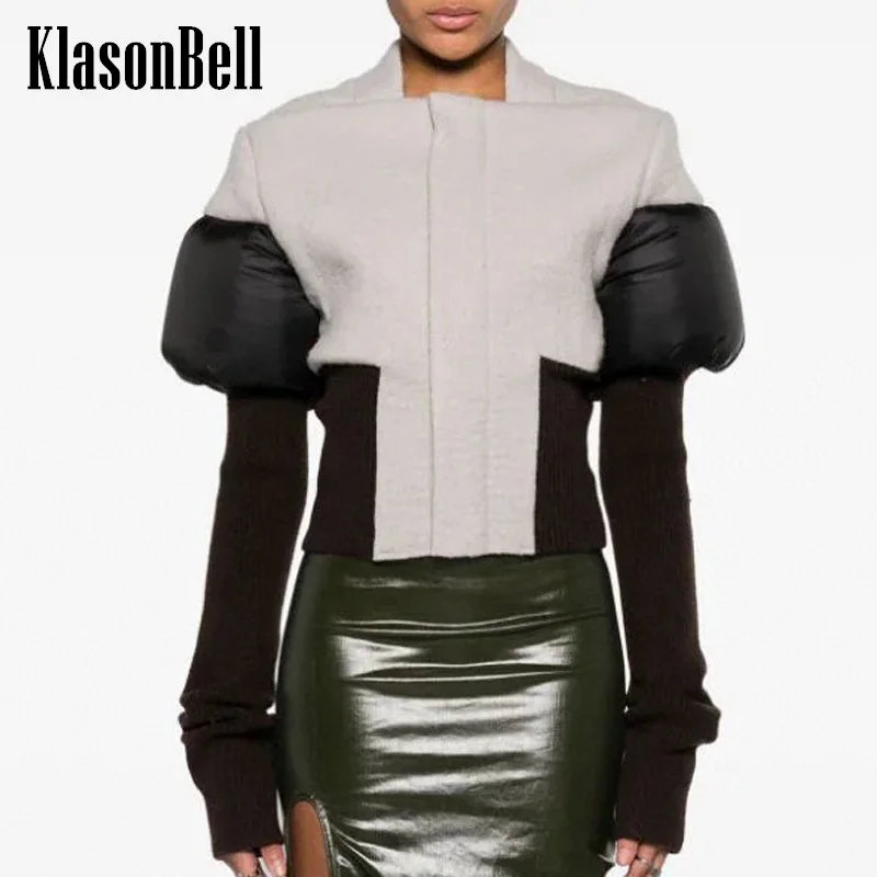 

12,6 KlasonBell модный контрастный цвет квадратный воротник шерстяной лоскутный пуховик Короткая куртка женская верхняя одежда