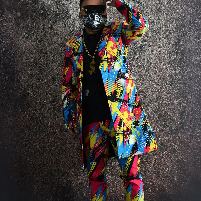 S-6XL!! 2023 Fashionable men's suit graffiti printed suit nightclub costume studio hairdresser dress