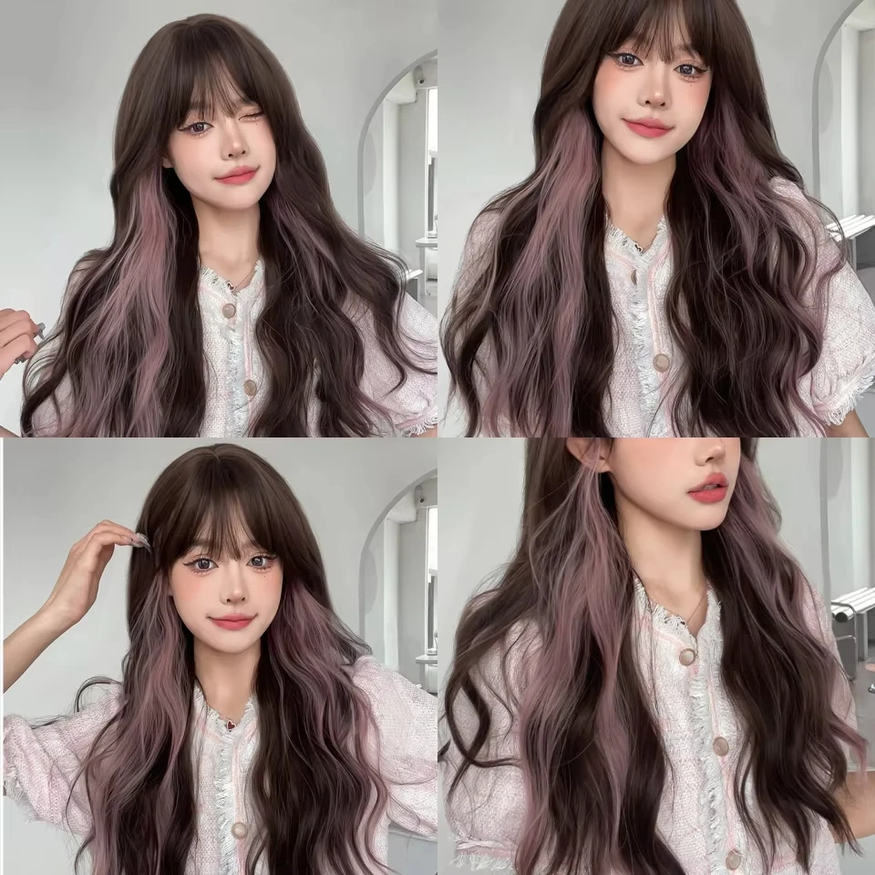 Brown Pink Synthetic Wig for Women Cosplay Heat Resistant