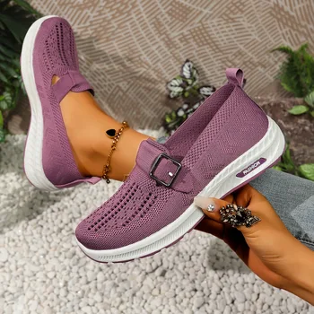 Women's Summer Hollow out Casual Shoes Breathable Mesh Upgraded Version Flat Heel round Toe Slip-On Low Top Sneakers 1