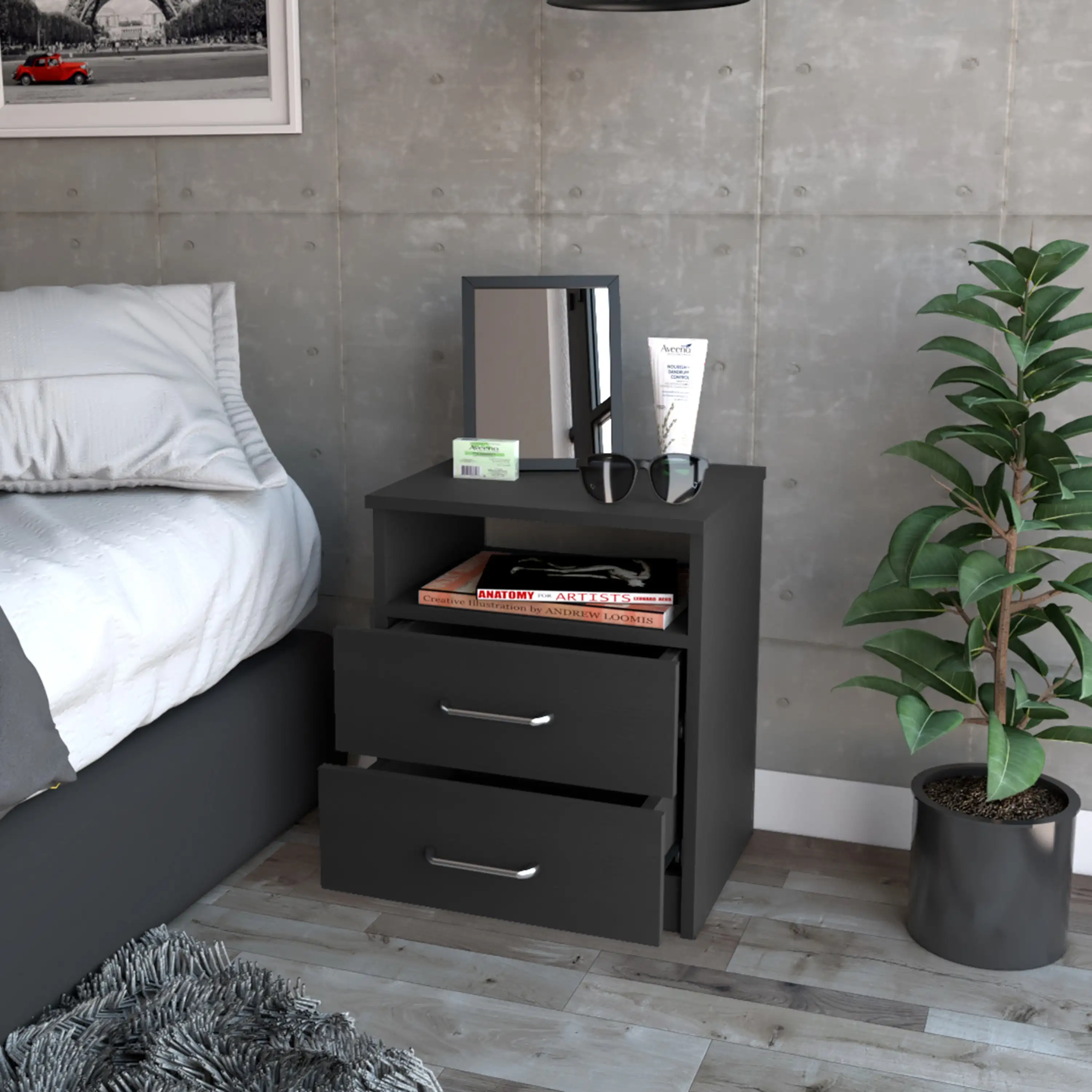 

Boahaus Palma Modern Black Painted Nightstand, 2 Drawers for Bedroom