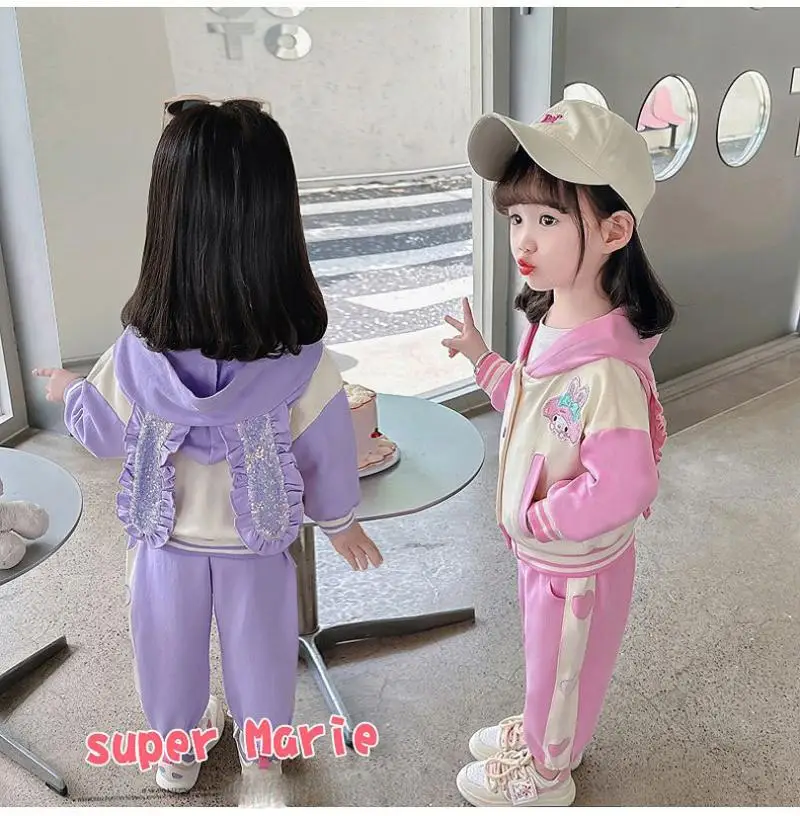 

Kawaii Sanrios Kuromi My Melody Girl Autumn Clothes Cartoon Baseball Suit Children's Sweet Coat and Casual Pants Two-Piece Set