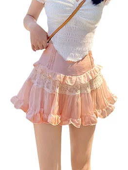 Women's Summer Mini Skirts Cute High Waist Lace Patchwork Ruffle Hem A-Line Skirts 3