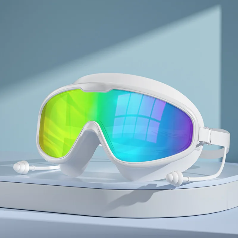 Adult swimming goggles anti fog high-definition silicone earplugs adjustable large frame