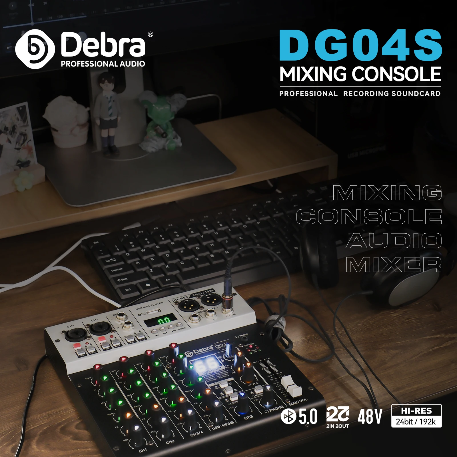 Debra DG04S Professional 4-channel Mixer Sound Card OTG Recording Output USB,Blu