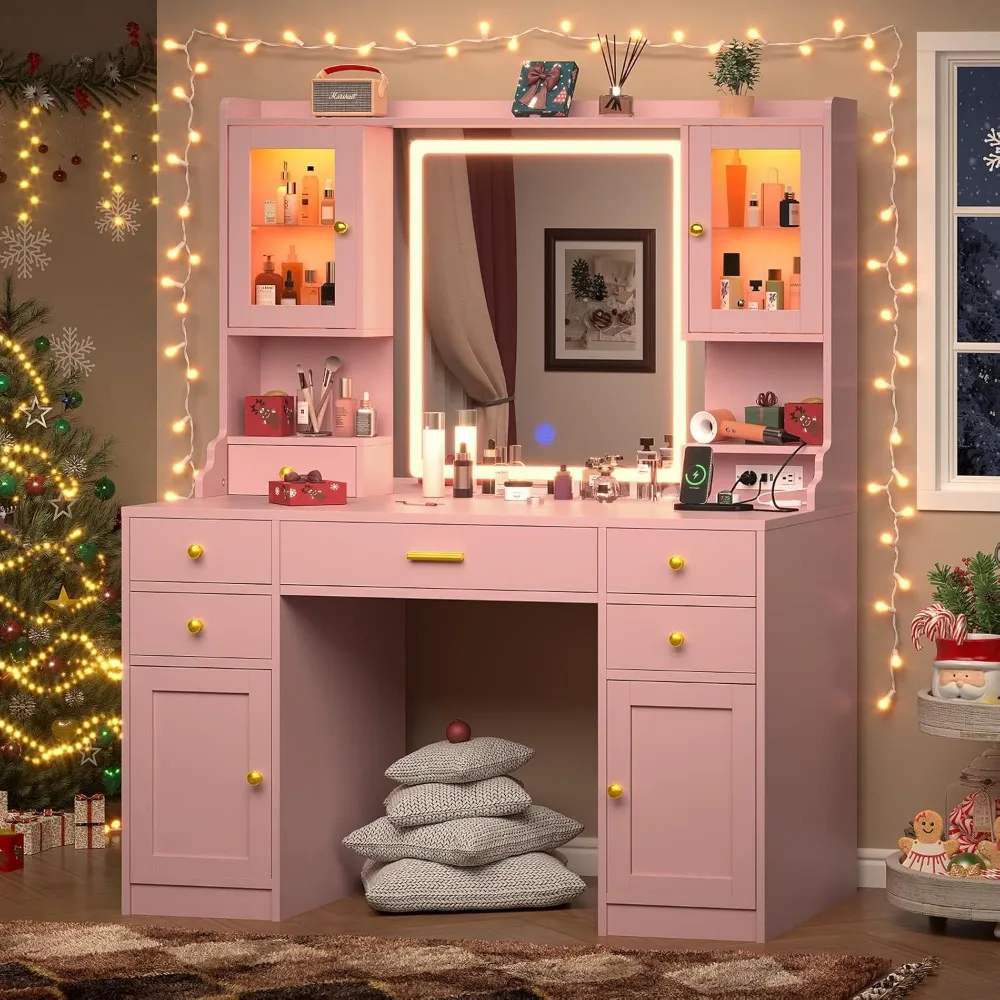 Vanity Desk, 41.3" Makeup Vanity Table with Power Outlet and Lots Storage, 6 Drawers and Storage Shelves, Dressing Table, Pink 6
