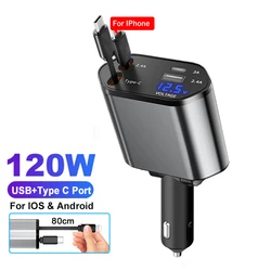 Versatile Car Phone Charger with Retractable Cords and Volt Display (Wire For IOS Android)