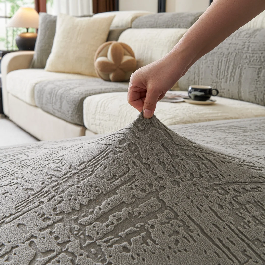 Geometric Lines Jacquard Stretchy Polar Fleece Sofa Cover for Living Room Couch Seat Slipcover Anti-Scratch Furniture Protector 2